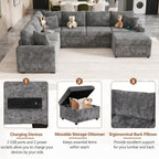 112.2" Sectional Sofa Pull-Out Bed Sleeper with Storage Ottoman Grey Chenille Living Room Cozy