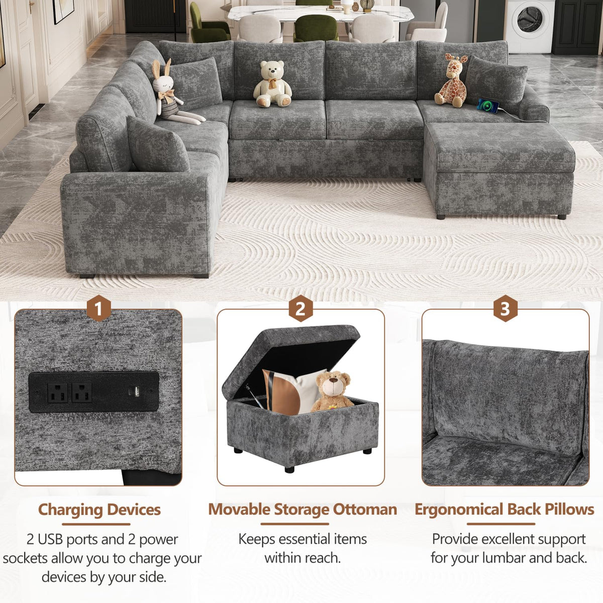 112.2" Sectional Sofa Pull-Out Bed Sleeper with Storage Ottoman Grey Chenille Living Room Cozy