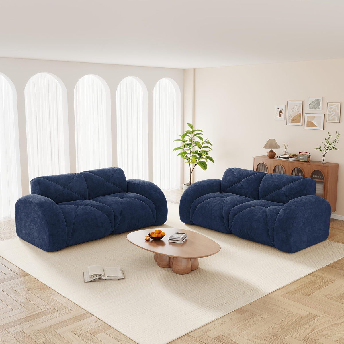 U-Shaped Boneless Sofa, Tufted 32d High Density Sponge Bottom, Anti-Slip Design, No Assembly Required, Free Combination, Movable Ottomans for Living Rooms, Home Theater, Blue