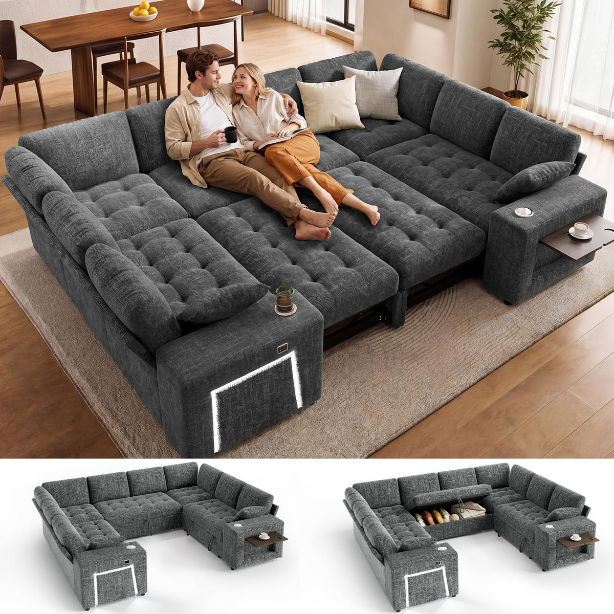 Vipbear 111" Sofa Bed, 7 Seat Modular Sectional Sleeper Sofa with Pull Out Bed, Chenille L Shaped Couch with Storage Ottoman|Cup Holders|Side Table|LED Light|USB Ports, Easy Assembly, Green