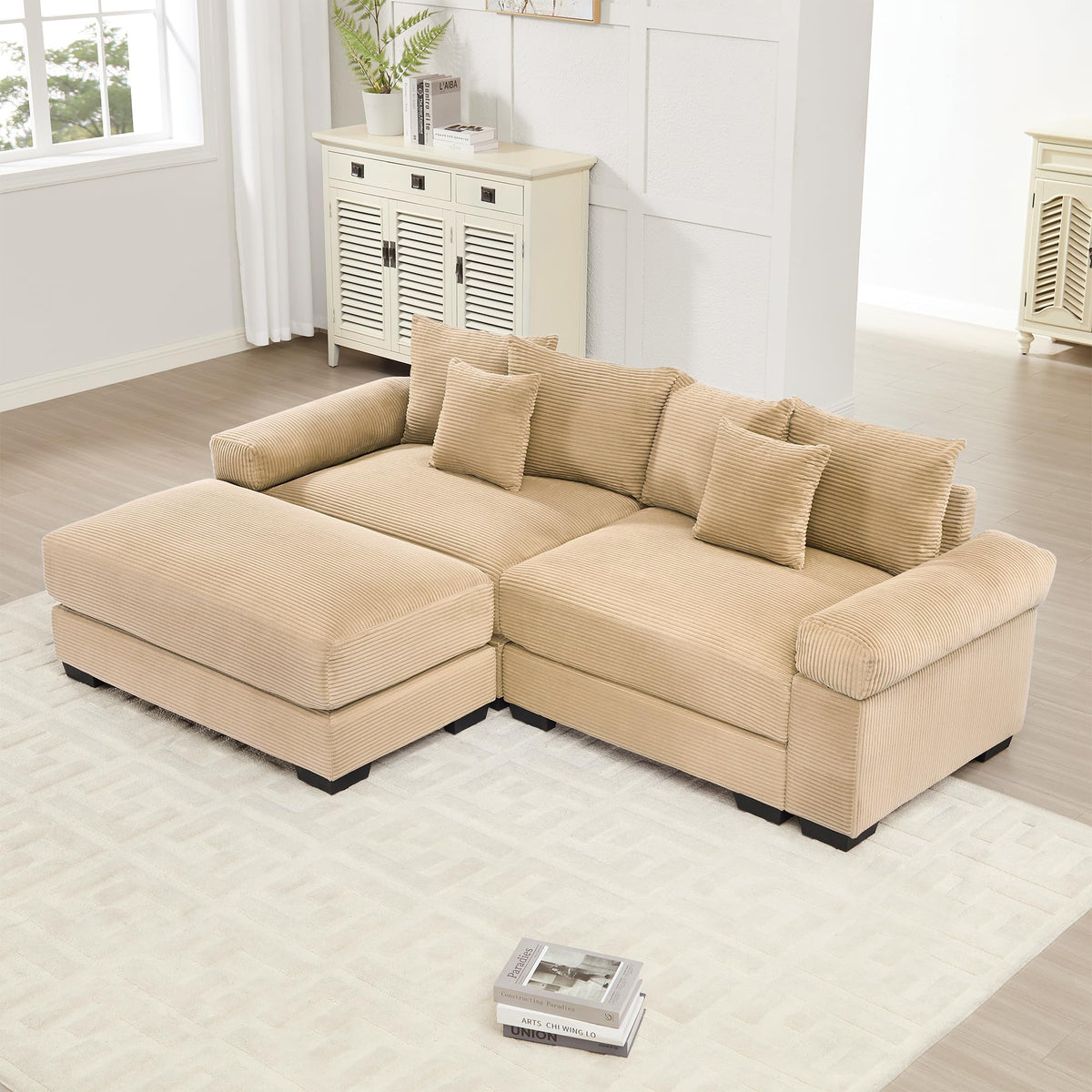 130" Oversized Modular 3-Seater Sectional Sofa, Cloud Corduroy Fabric with Extra-Thick Armrests, Ergonomic Deep Seat Couch for Living Room, Easy Assembly Sofas for Living Room(Cream)