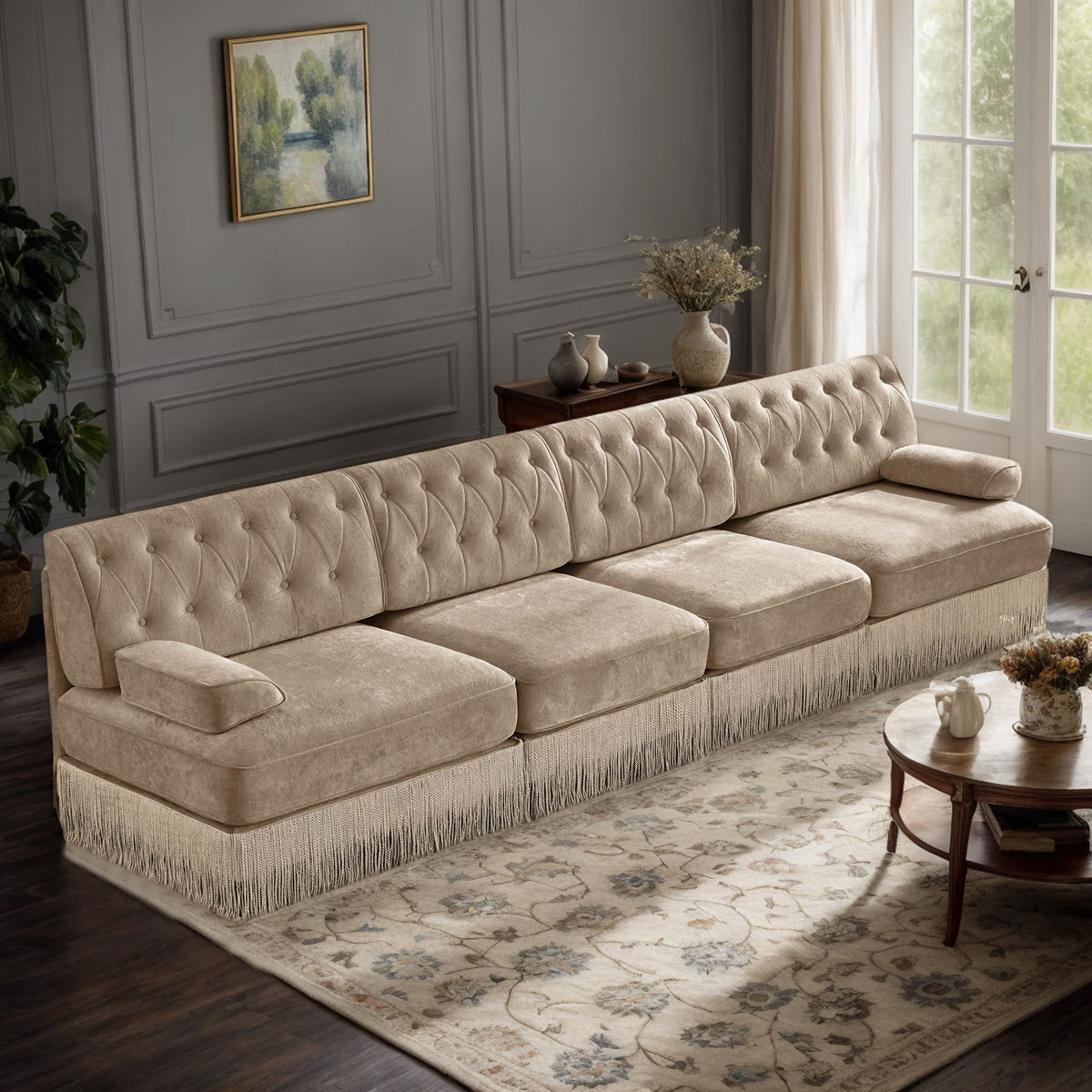 106'' Modern Chesterfield Style 3-Seater Sofa with 2 Ottoman, Upholstered Velvet Modular Sectional Sofa with Button Tufted, U Shape Deep Seat Cloud Sectional Couches for Living Room (Green)