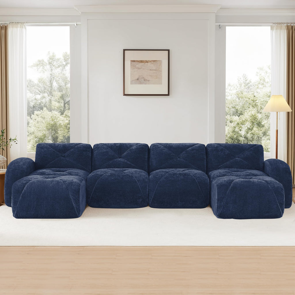 U-Shaped Boneless Sofa, Tufted 32d High Density Sponge Bottom, Anti-Slip Design, No Assembly Required, Free Combination, Movable Ottomans for Living Rooms, Home Theater, Blue