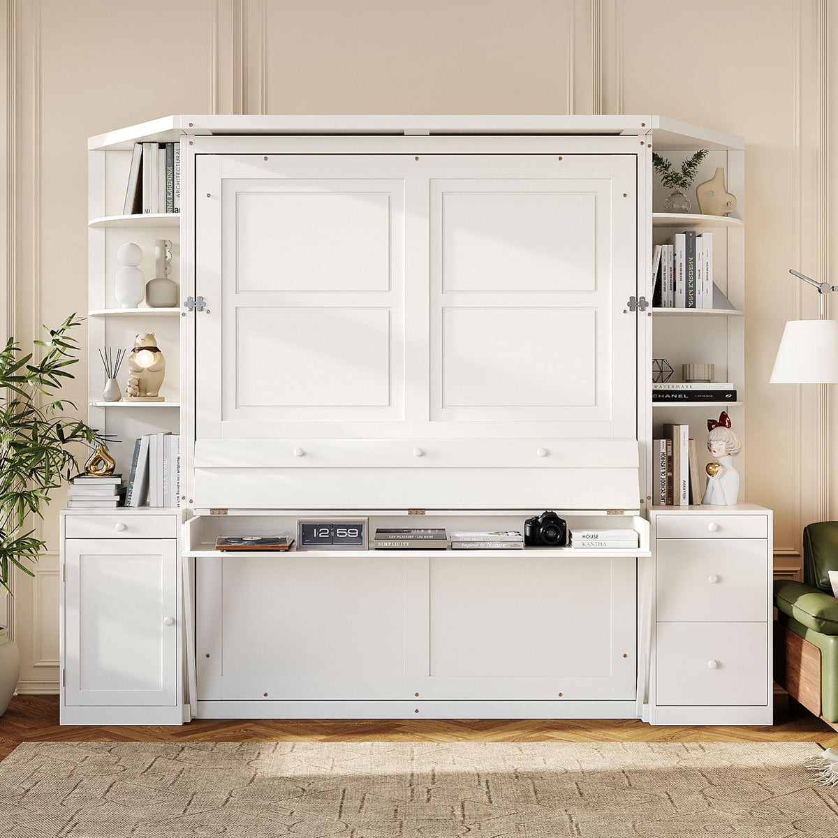 Twin Size Murphy Bed with Open Shelving, Sofa Front and Printed Panel
