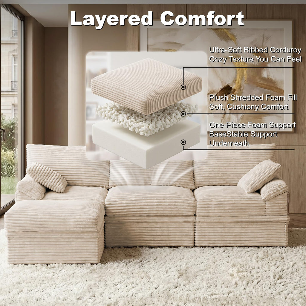 107'' Modular Sectional Sofa with Storage, L-Shaped Boneless Couch