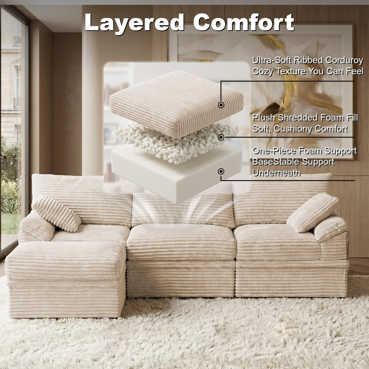 107'' Modular Sectional Sofa with Storage, L-Shaped Boneless Couch