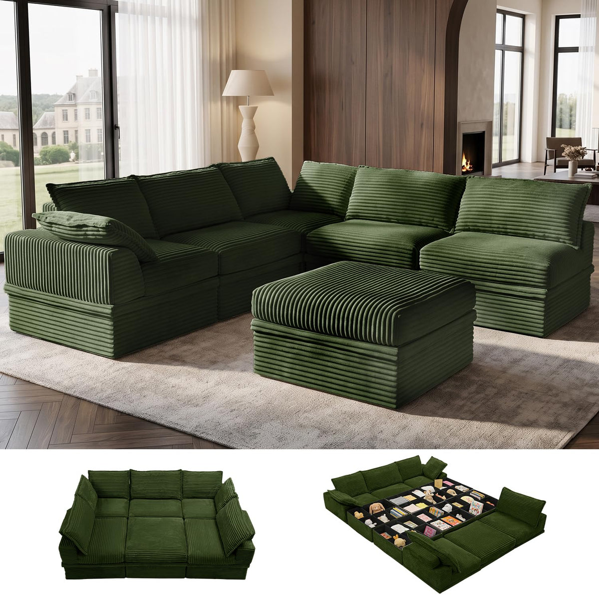 Upgraded Boneless Couch with Storage, 107" Modular Sectional Sofa Couches for Living Room, Extra Deep&High 3 Seater U-Shaped Boneless Sofa with Ottoman, Tool-Free Assembly, Black