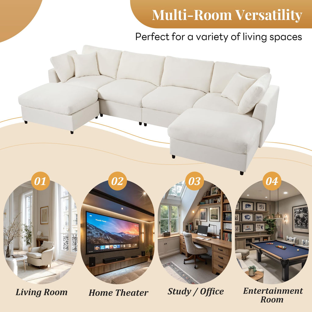 128" U-Shaped Modular Sectional Sofa w/ 2 Ottomans, Chenille Fabric, Beige