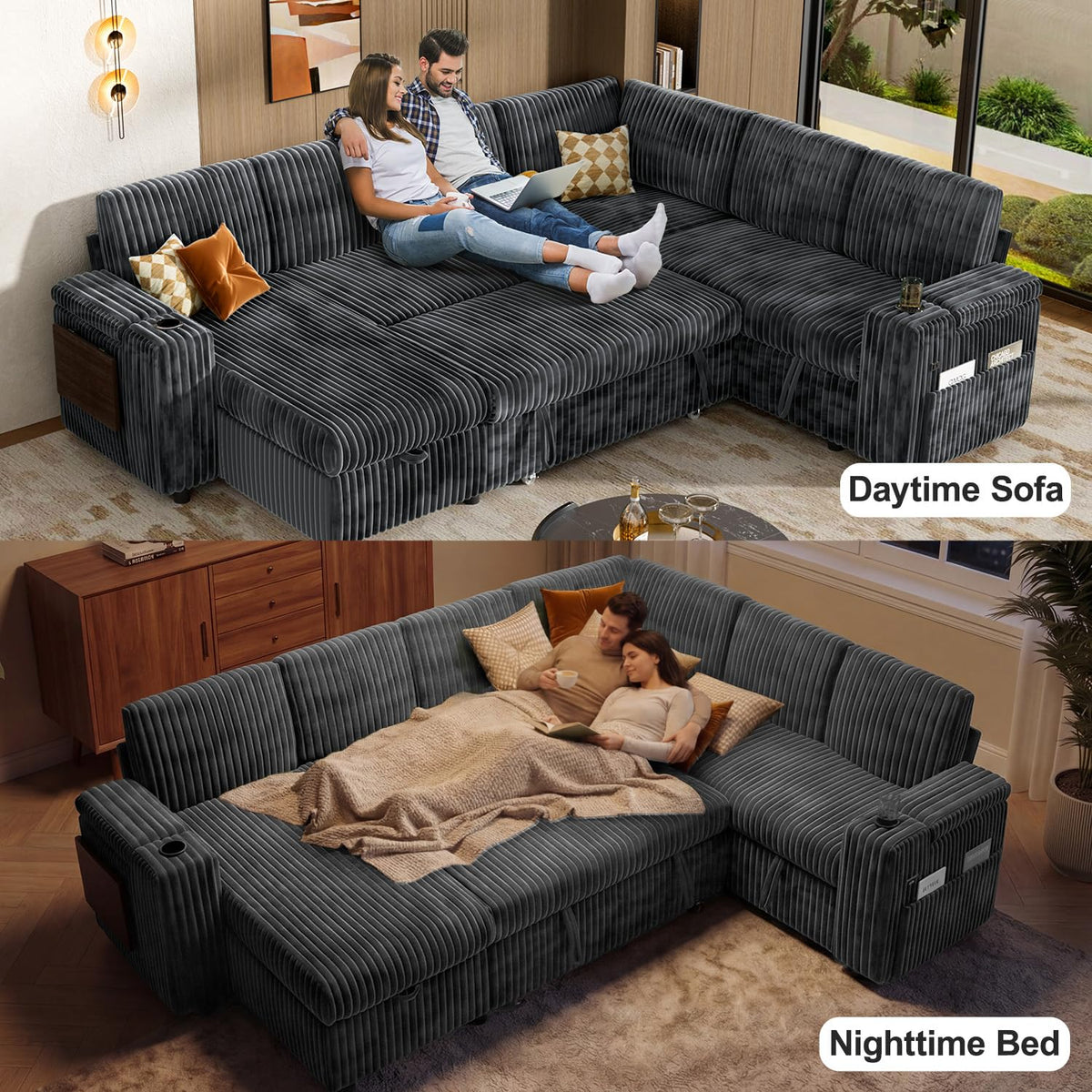 Vipbear 111" Modular Sectional Sleeper Sofa with Pull Out Bed, 7 Seat Plush Corduroy L Shaped Couch with Storage Chaise|USB Ports|Cup Holders|Side Table|Storage Armrests, Tool Free Assembly, Mid Gray