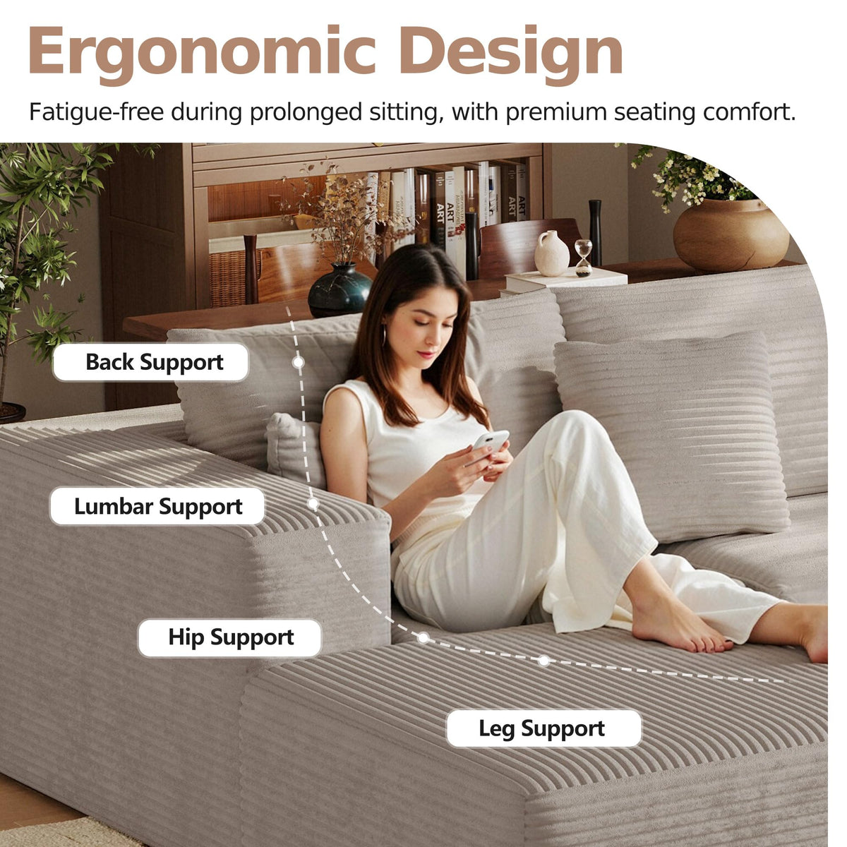 108'' Sectional Boneless Couches for Living Room,Cloud Sectional Couch with L-Shape Chaise,Modern Corduroy Modular Sofa with Deep Seat,No Assembly Required(Left Facing Chaise,Camel)