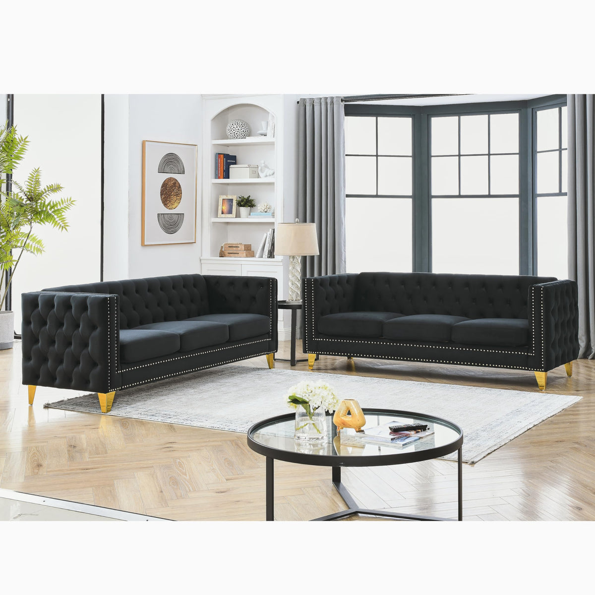 Velvet Sofa for Living Room,Buttons Tufted Square Arm Couch, Couch Upholstered Button and Metal Legs, Sofa Couch for Bedroom, Black Velvet,2PCS HQ202