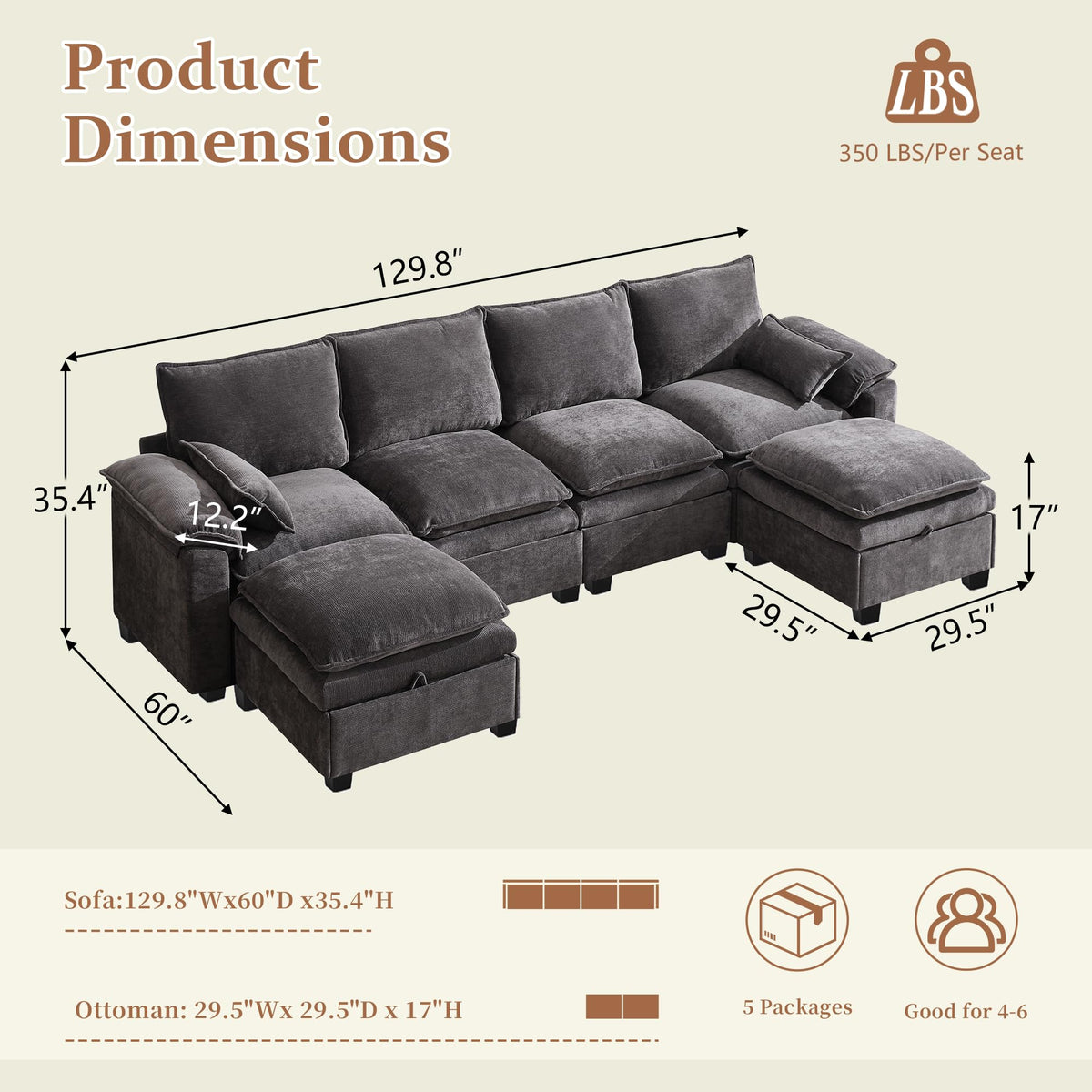 130" Modular Sectional Sofa with Storage, Premium Chenille Cloud Couch with Movable Ottomans, 1200lbs Heavy Duty Deep Seat Sectional, High-Density Foam