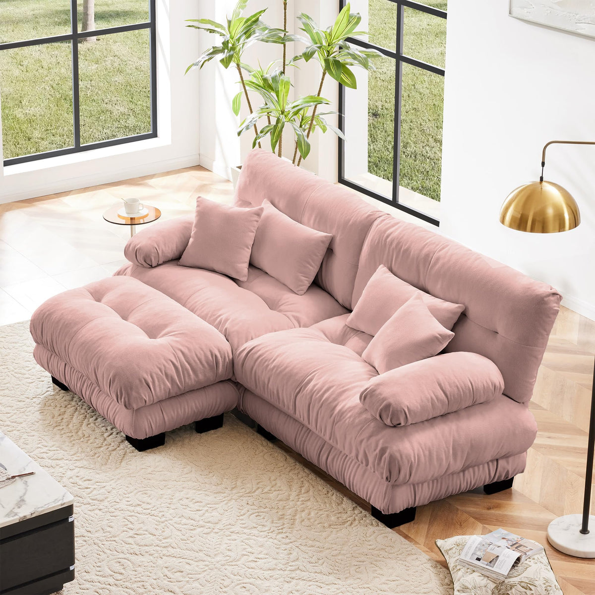 134" Oversized 3 Seater L Shaped Modular Sectional Sofa, Large Sectional Couches for Living Room, Chenille Cloud Couch with Pillows, Living Room Deep Seat Sofas with 3 Seats & 1 Ottoman, Pink