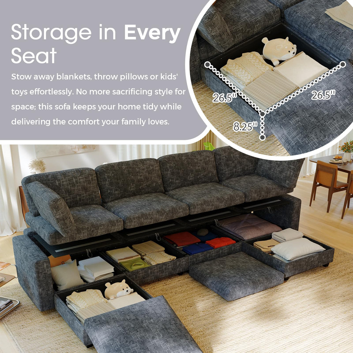 125" Chenille Modular Sectionals Sleeper Sofa Bed, Convertible L/U Shaped Modular Sectional Couch with Storage, 10 Seat Modern Cloud Couch Bed with Ottomans, Sectional Couches for Living Room, Grey