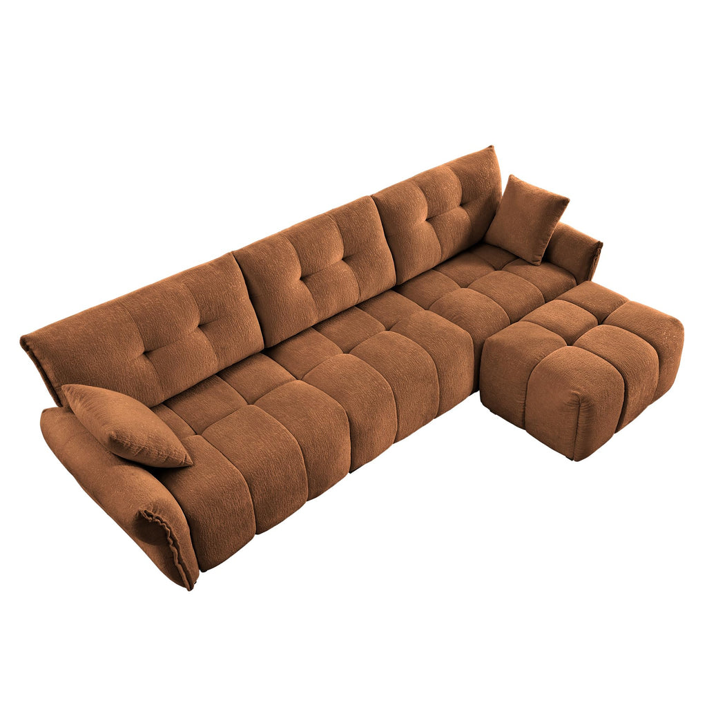 Three Seater Sofa Set with Ottoman and Pillows,Solid Wood, Textured Chenille, High Resilience Cushions, Ideal for Living, Lounge, Office, Hotel Spaces, in Burnt Orange