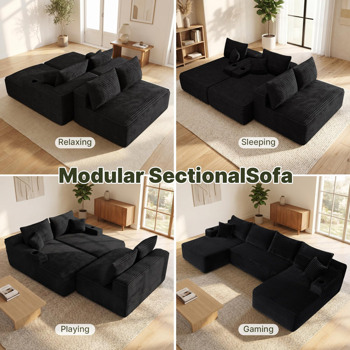 133“ U-Shaped Segmented Sofa with Side Pockets/Cup Holders, Modular Design, Deep Seat, Upholstered Sofa for Living Room/Bedroom, No Assembly Required, Black.
