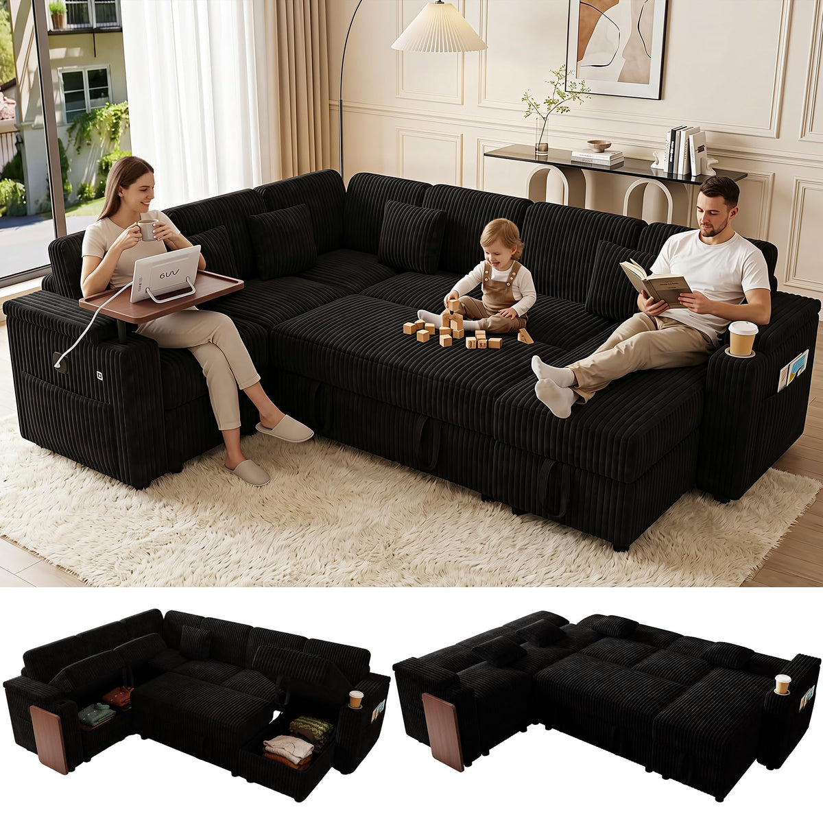 100" Convertible Sectional Sofa Bed, Pull Out Couch Bed with Storage Chaise, Table Board, USB Ports & Cup Holder, 7-Seater Modular Corduroy Sofa Bed, Reclining Sectional Couch for Living Room, Black