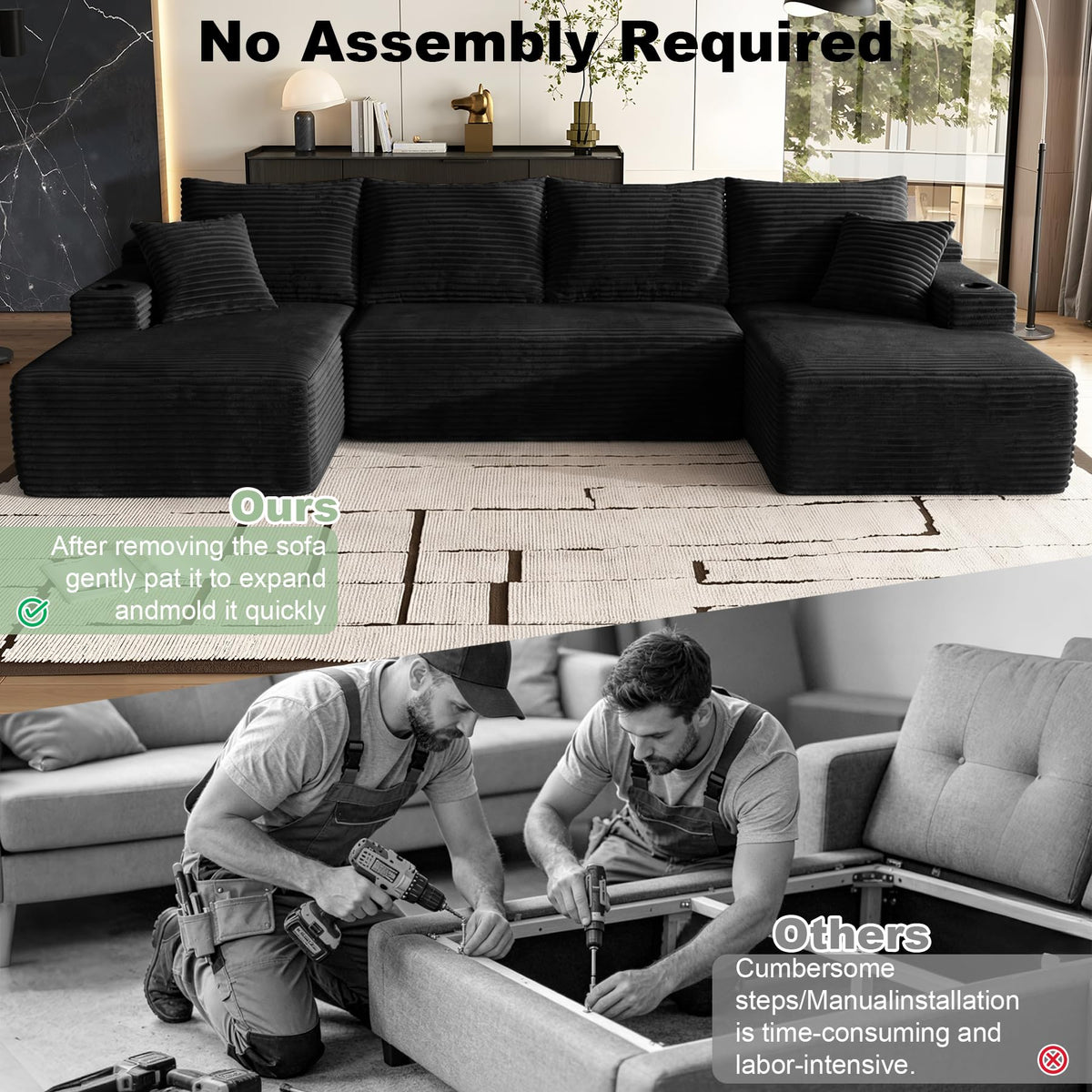 133" Oversized U Shaped Modular Sectional Sofa with Double Chaise, Black