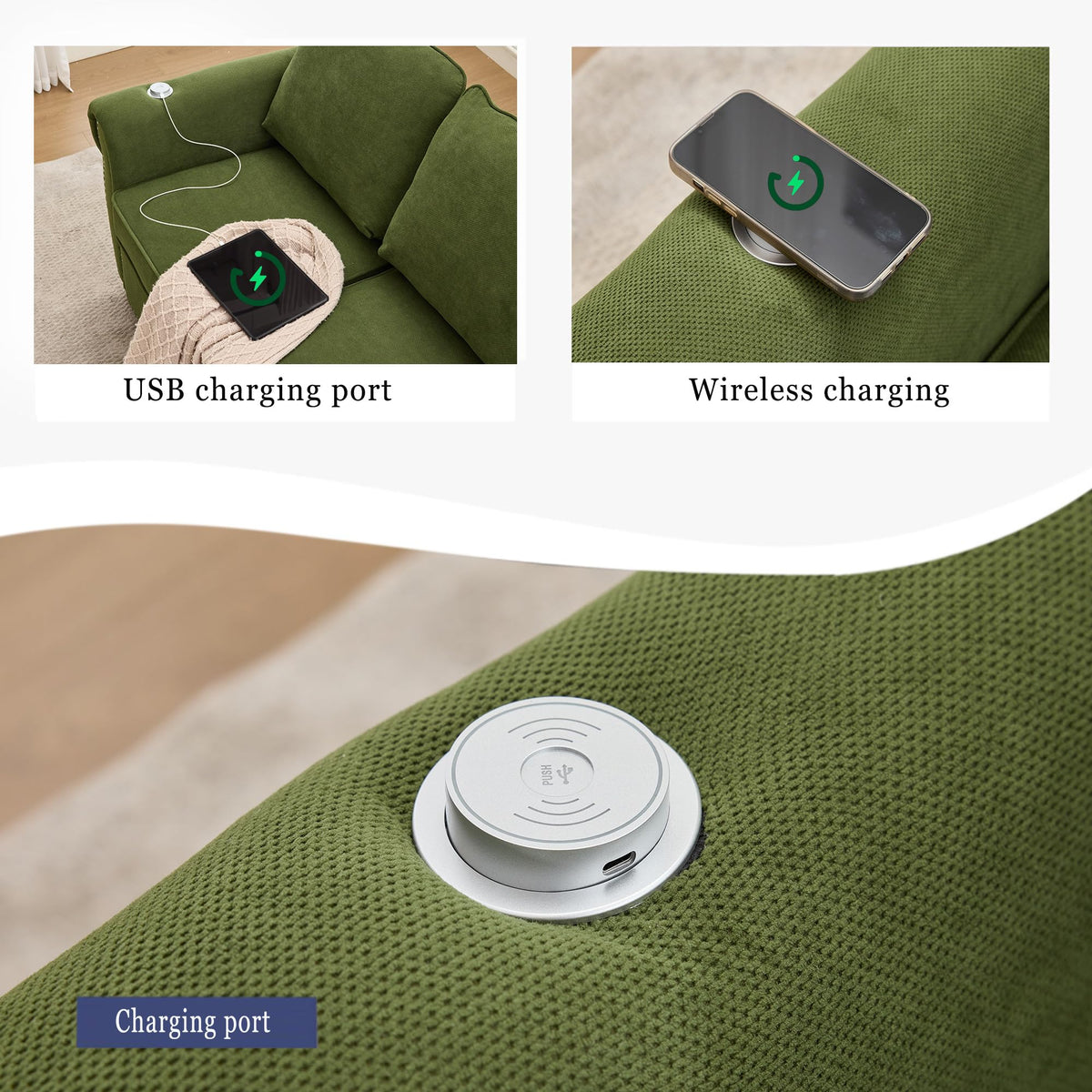 106.5" Pull Out Sofa Bed,L Shaped Modular 4 Seater Couch,2-in-1 Sofa Bed,Wireless Charging, USB Charging Ports,Memory Foam Mattress,Storage Space (Green)