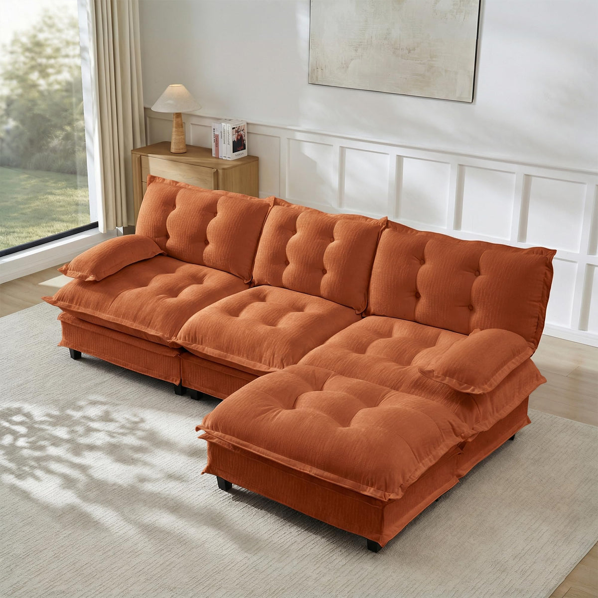 U Shaped Modular Sectional Sofa - 108" Chenille Cloud Deep Seat Couch with Ottoman, 5-Seat Comfy Lattice Decored Seat Cushion for Living Room, Apartment,Light Coffee