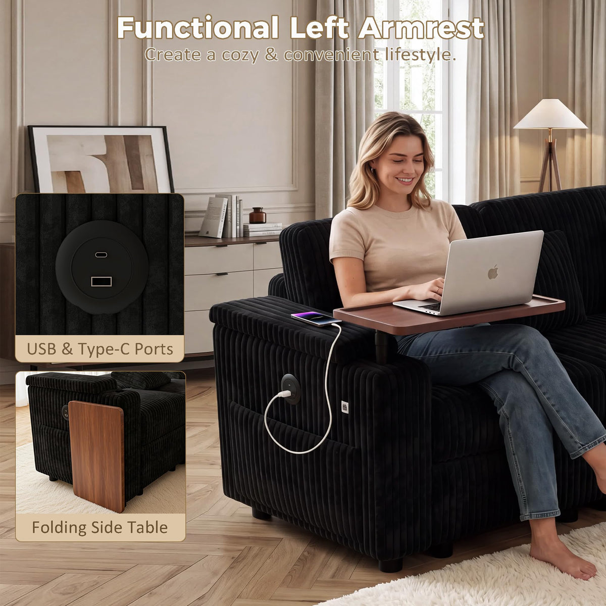 100" Convertible Sectional Sofa Bed, Pull Out Couch Bed with Storage Chaise, Table Board, USB Ports & Cup Holder, 7-Seater Modular Corduroy Sofa Bed, Reclining Sectional Couch for Living Room, Black