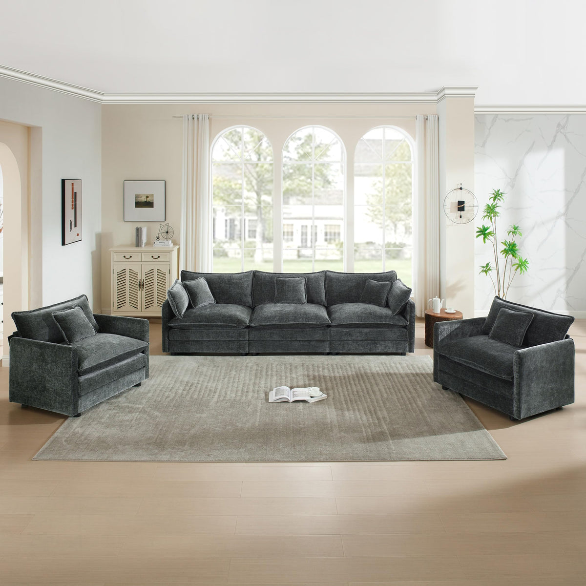 White Modular Sectional Sofa 3-Piece Set, Modern Deep Seat Chenille Couch, Loveseat, Single Sofa, Oversized Modular Couch for Living Room