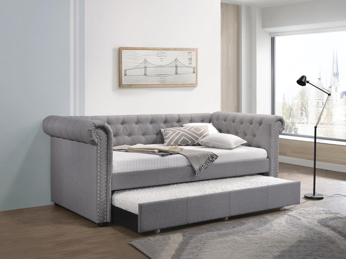 Versatile Daybed with Pull-Out Trundle, Textured Fabric Upholstery