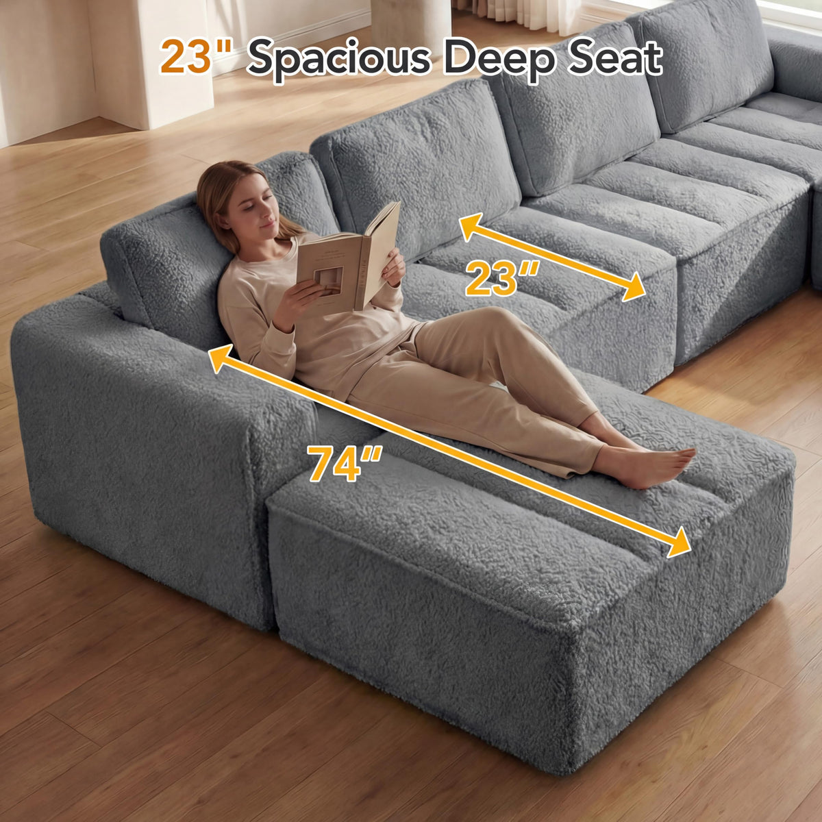 Vipbear 145" U Shaped Modular Sectional Sofa with Ottoman, Boneless Comfy Couch with Layered Cushion, Upholstered Couch in a Box, Flexible Module Combination for Living Room, No Assembly, Grey