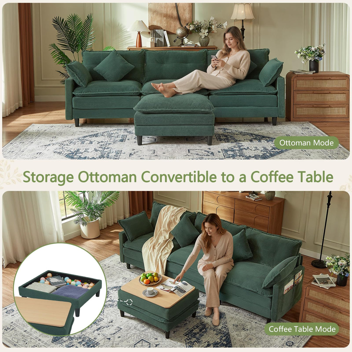 107.3'' Oversized Cloud Couch L Shaped Modular Sectional Sofa, Premier Comfy Corduroy Couch with Ottoman, Modern 3 Deep Seat Sectional Couches for Living Room, Solid Wood Frame&Spring,Tool-Free Green