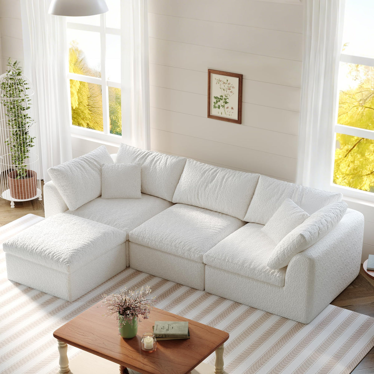 108" Modular Sectional Sofa with Movable Ottoman, No Assembly Required Boneless Cloud Couch, Deep Seat L Shaped Sectional Couches for Living Room, Bedroom and Apartment, White