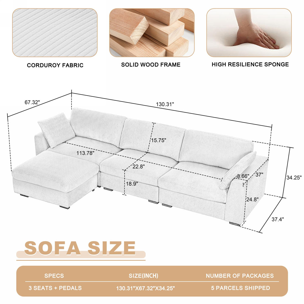 130" Sectional Couches for Living Room Boneless Couch Upholstered Cloud Couch Sectional Modular Sectional Sofa with L Shaped (Dark Grey, 3 Seat+1 Ottoman)