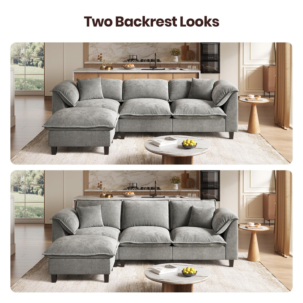 112'' Modular Sectional Sofa with Ottoman, 3-Seat Chenille L-Shaped Couch with Washable Cushion Covers, Curved Padded Armrests, Comfy Upholstered Sofa for Living Room, Gray