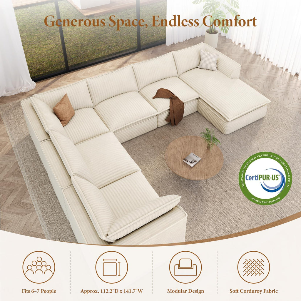 Vesgantti 141.7" Boneless Sectional Sofa with Chaise, 7 Seater Couch, Beige