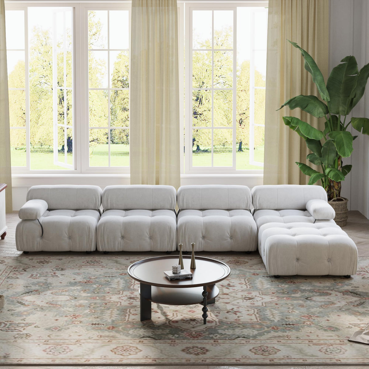 WJShome Modular Sectional Sofa, 103.95 inch Convertible Sofa Couch,L Shaped Velvet Minimalist Couch for Living Room, 4 Seater+1 Ottoman Modern Large Free Combination Sofa (Beige, 5 Seater)