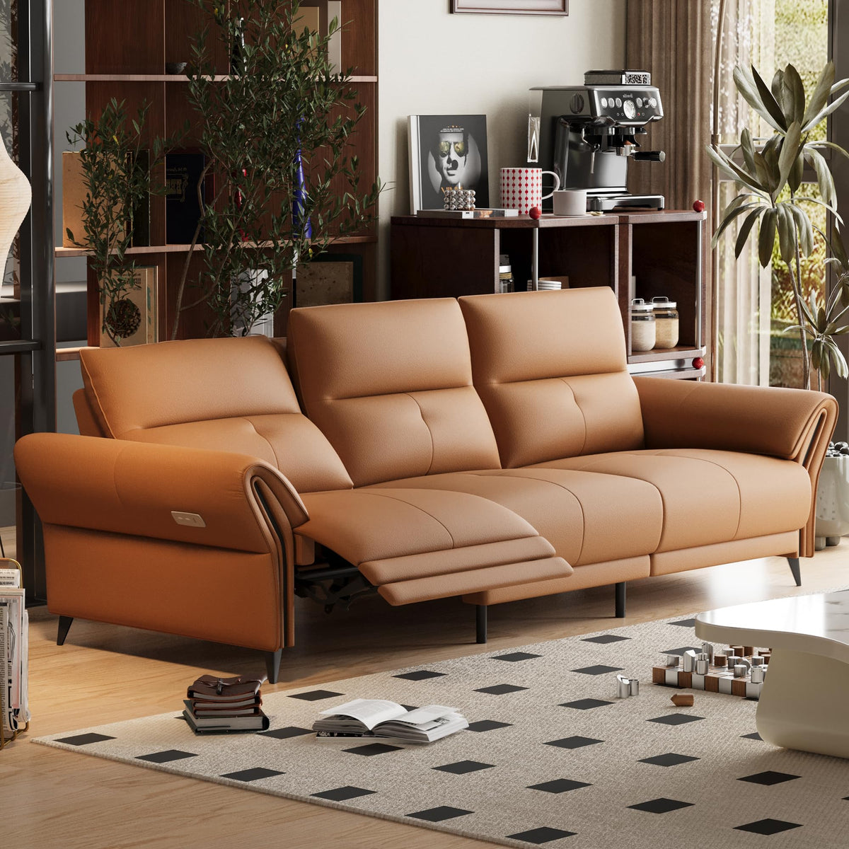 112.5" Orange Leather 3-Seat Power Recliner Sofa Dual Motor