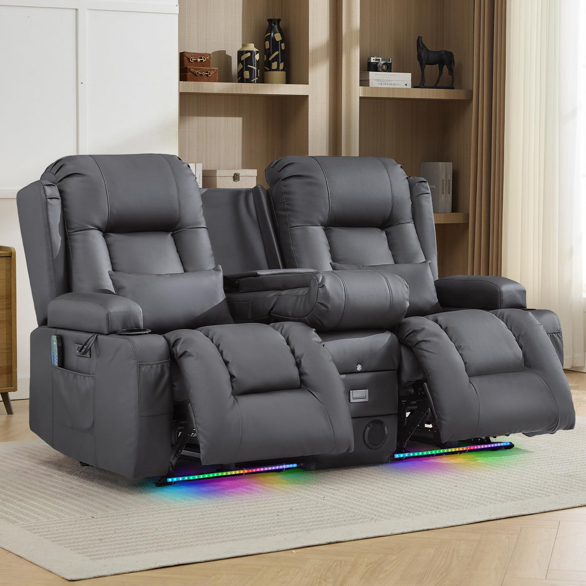 TUNYI Wall Hugger Loveseat Recliner Sofa with Console, Power Reclining Loveseat RV Couch with Massage & Heat/USB/Outlet/Storage/LED Light/Speaker (Blue, 2 Seat with Console)