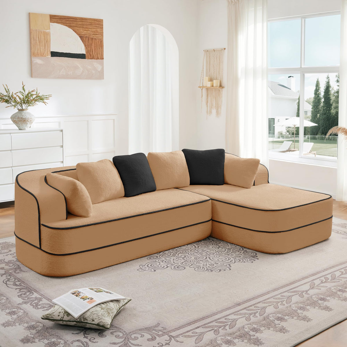 106" Fabric No Assembly 32D Boneless Sofa,Contrast Color Design,Fluffy Comfy Couch with L Shaped Chaise,for Living Room,Camel