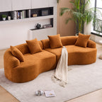 110" Sectional Sofa Round Curved Couch, Modern 4 Seat Sofa with Wood Grain Chenille Fabric, Comfy Deep Seat Sponge Couch with 4 Pillows for Living Room, White