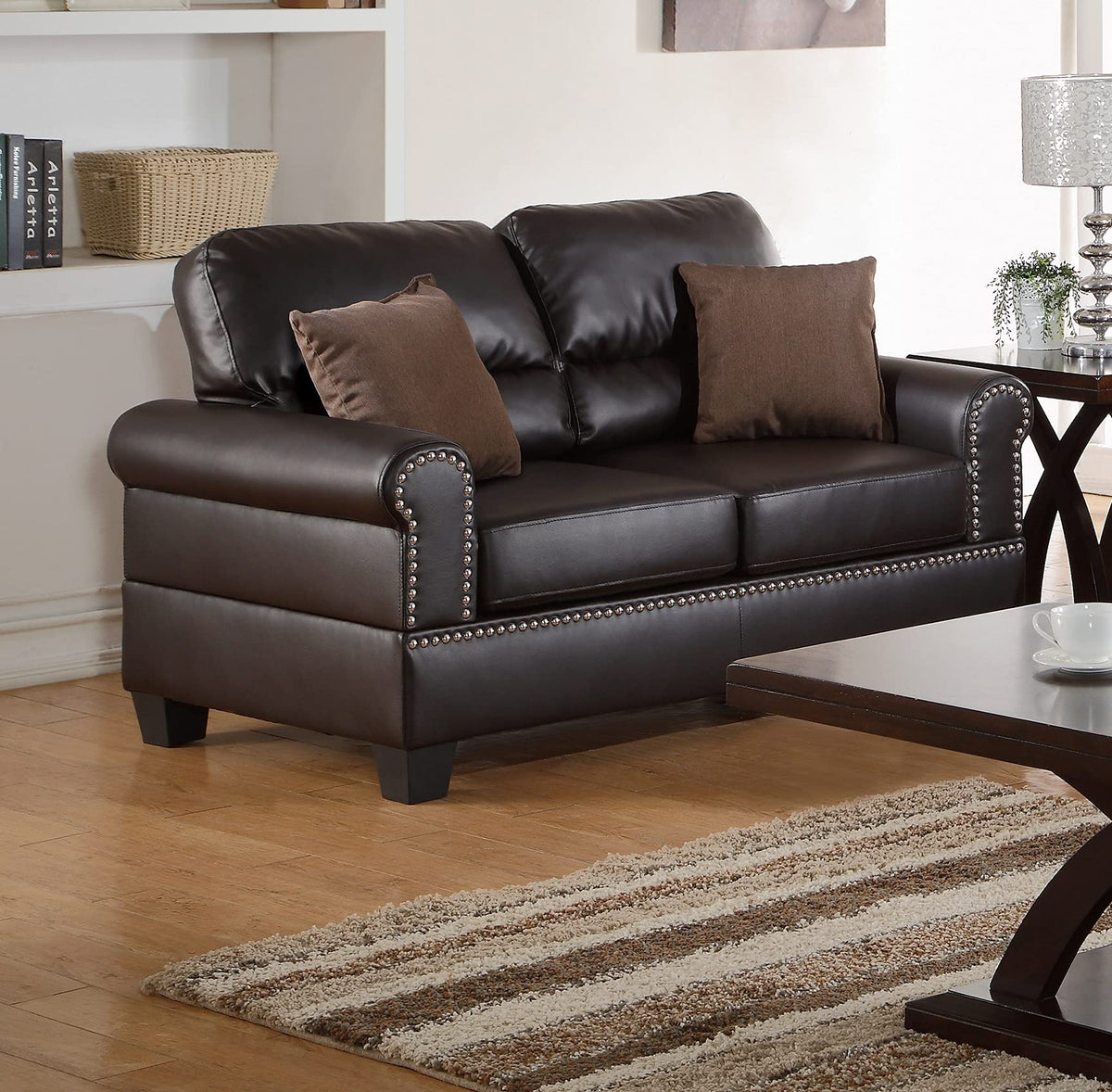 Tidyard Faux Leather 2-Piece Sofa Set with Loveseat, Contemporary Plush Couch for Living Room, Espresso Double Barrel Design, Includes Pillows