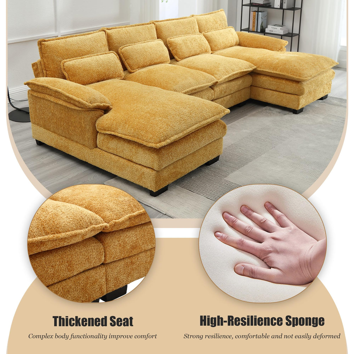 110'' U-Shaped Sectional Couch, Modern Chenille Extra Large Modular Sofa with 4 Cushions, Memory Foam Funiture Set with Double Lounger for Living Room, Office, Reception Room, Yellow