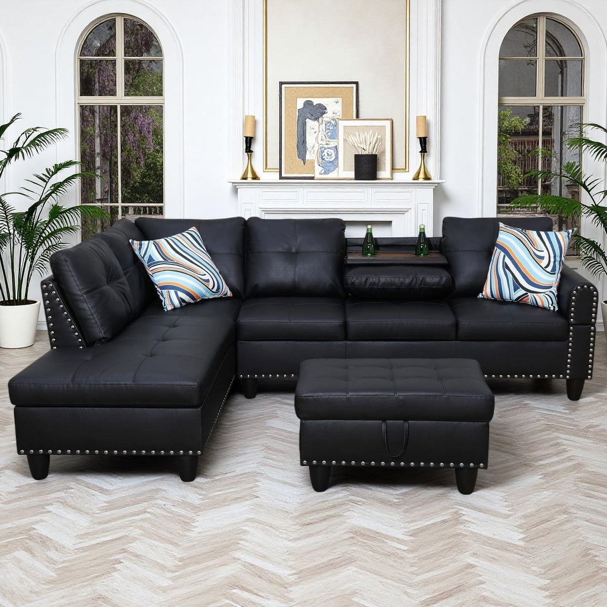 Leather L-Shaped Couch Set, 97.5"L x 69.5"W Sectional Sofas Black