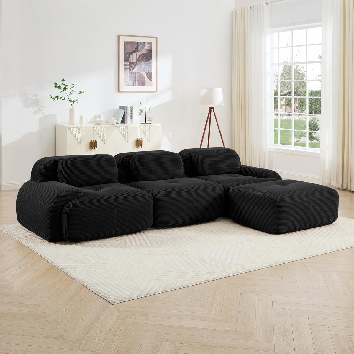 116" Corduroy Modern Minimalist Style Modular Sectional Couch, Convertible Modular Cloud Sleeper Sofa with Ergonomic Design, Modern Boneless Compressed Floor Sectional Sofa for Living Spaces, Black