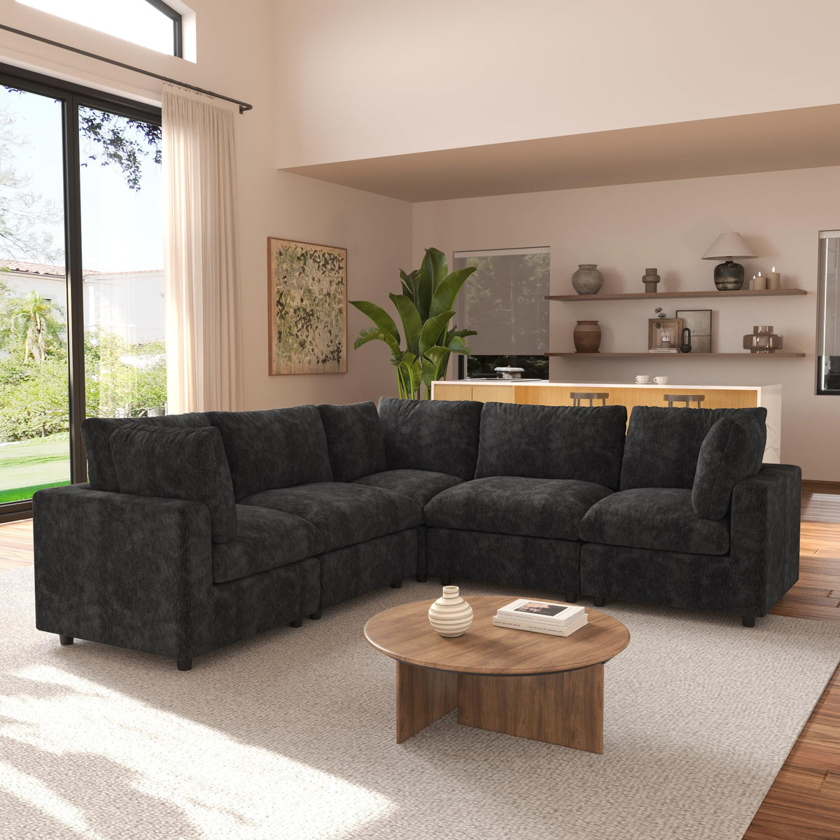 120" Cloud Couch Chenille Sectional Sofa for Livingroom Beige