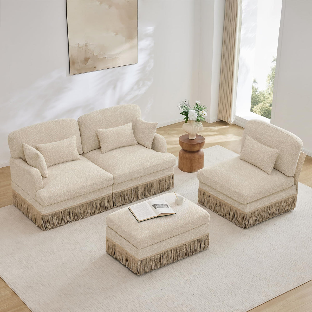 100" L Shaped Sectional Sofa with Ottoman, Chenille Leopard Print Couch