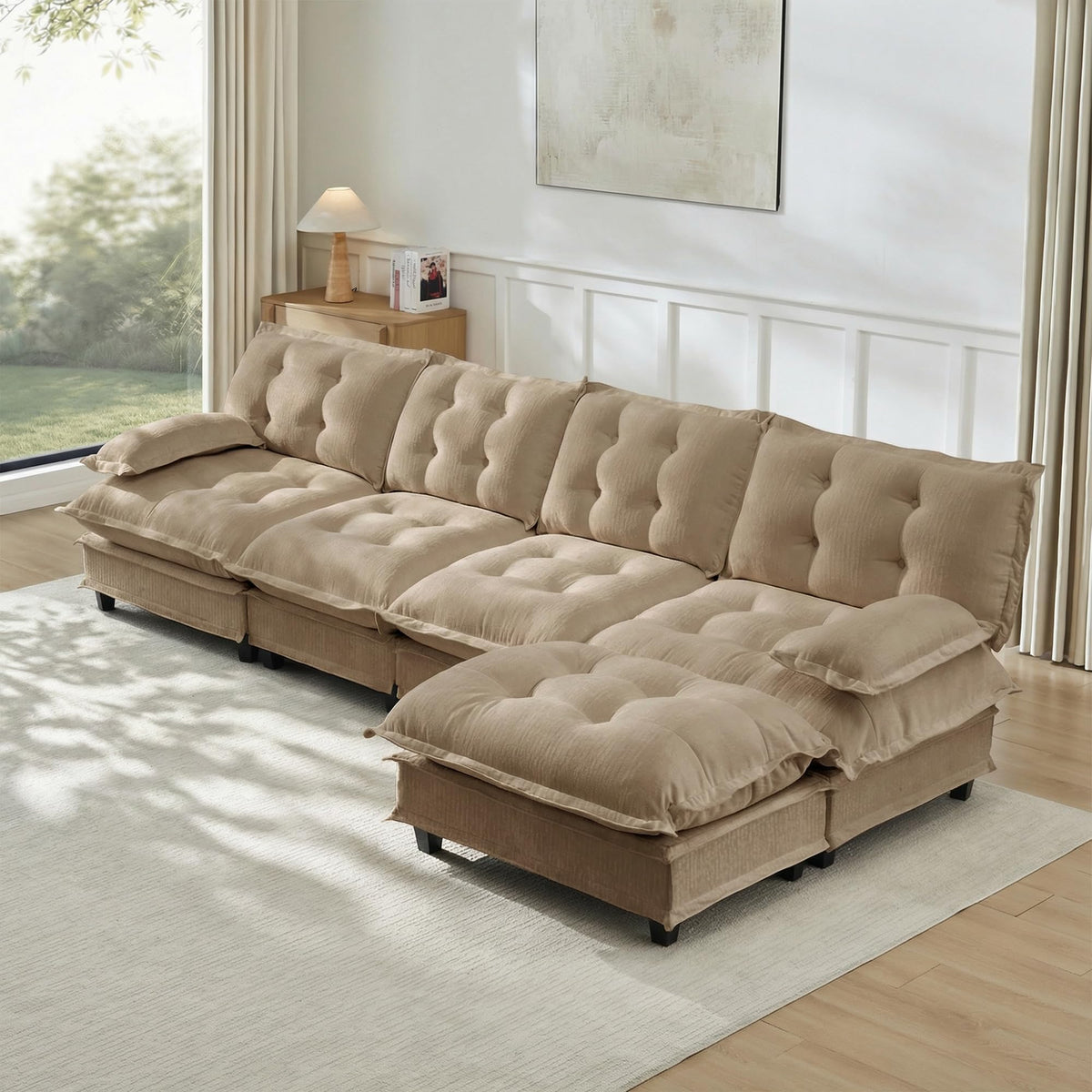 U Shaped Modular Sectional Sofa - 108" Chenille Cloud Deep Seat Couch with Ottoman, 5-Seat Comfy Lattice Decored Seat Cushion for Living Room, Apartment,Light Coffee