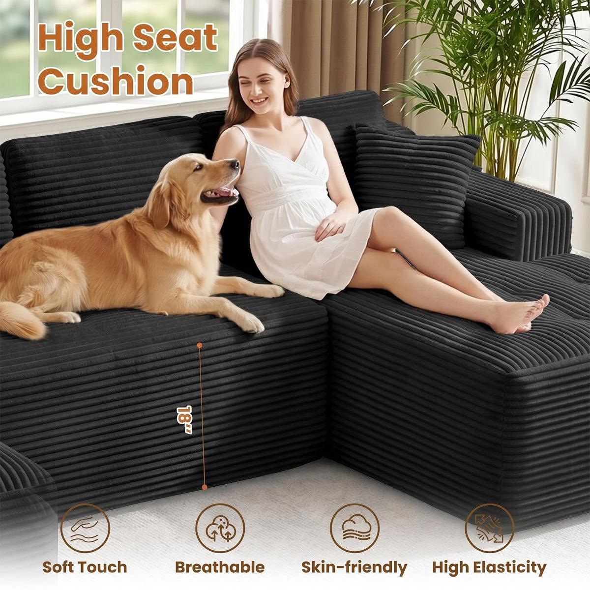 126" Oversized Cloud Boneless Couch, Modern Sofa Couch U Shaped Modular Sectional Sofa with Chaise, Premium Corduroy Fabric Boneless Couch for Living Room, No Assembly Required Black Floor Sofa