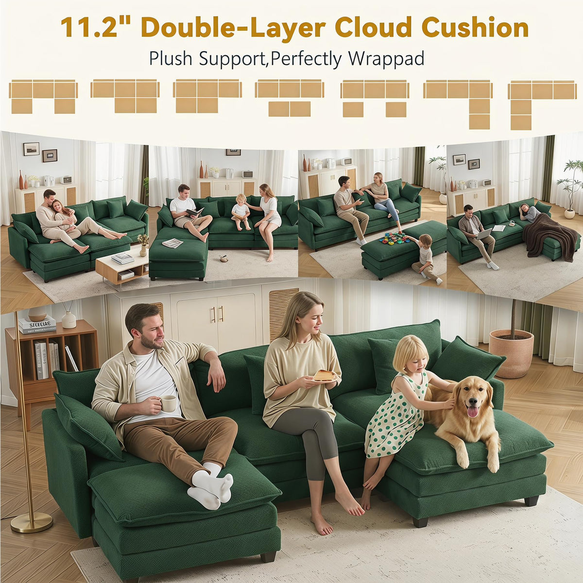 111" Modular Sectional Cloud Sofa Couch with 2 Ottomans for Living Room