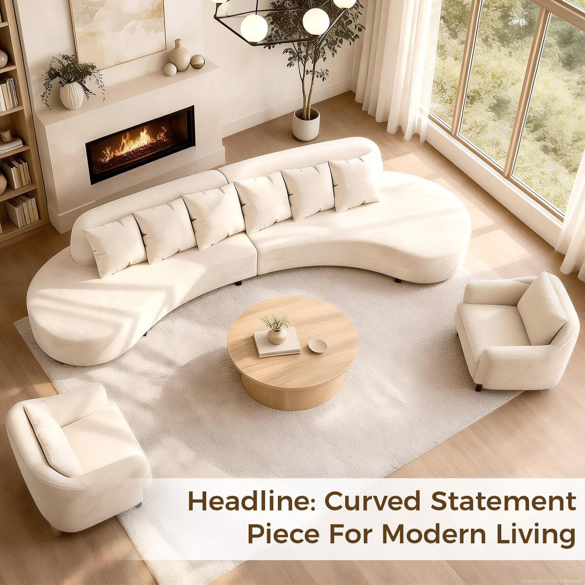 134" Curved Modular Sectional Sofa, Half-Moon Armless Velvet Couch with 6 Pillows, Solid Wood Frame, High-Density Foam, Connector Plates Included, for Living Room/Reception, Off-White