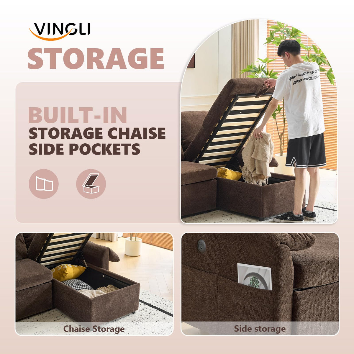 VINGLI Convertible Sofa Bed Couches for Living Room, Sleeper Sofa with Pull Out Couch Bed, Cloud-Like Plush Fleece L-Shape Sectional Couch with Storage Chaise, USB Charging, Side Pockets (Dark Brown)