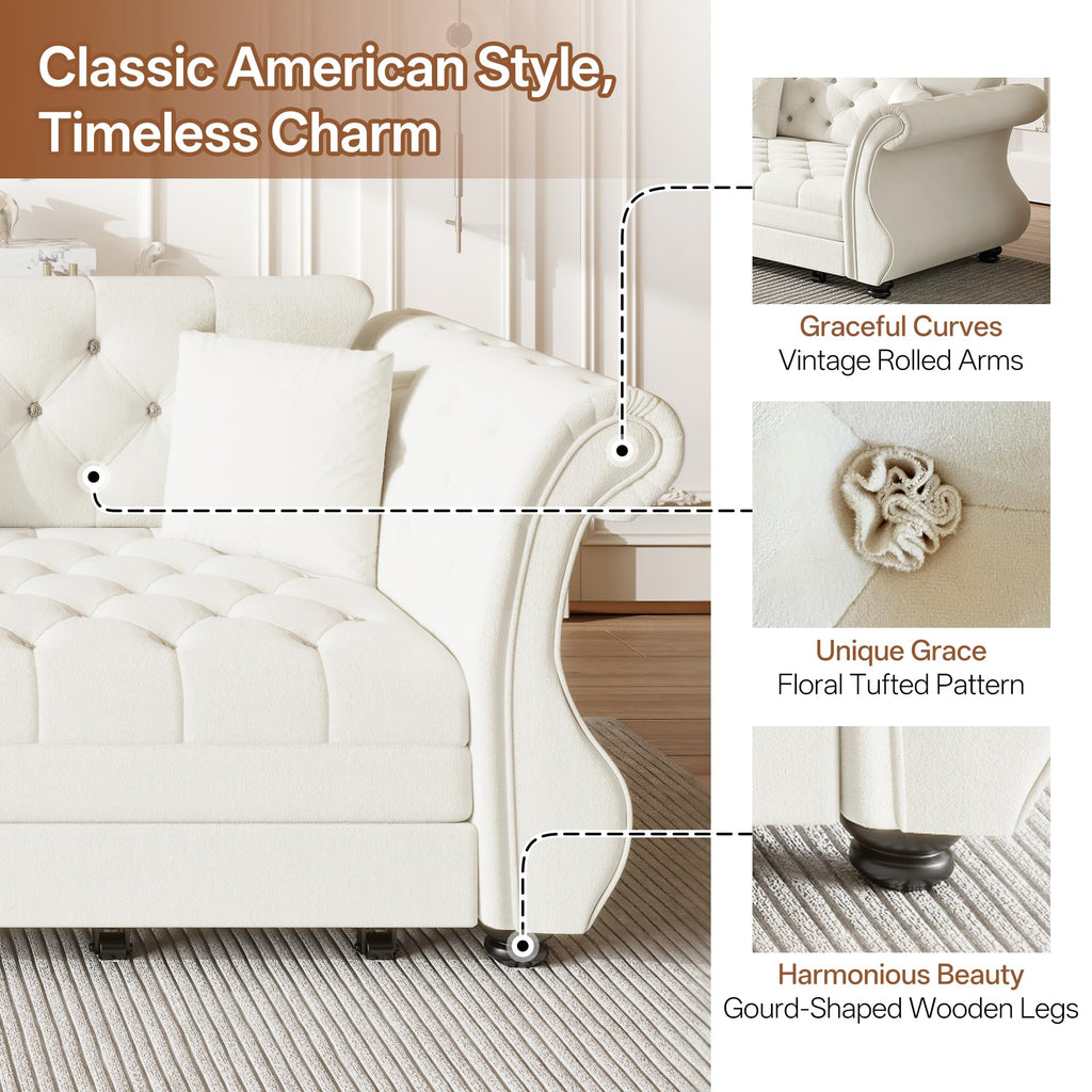 Velvet Pull-Out Sofa Bed, 3-in-1 Convertible Sleeper Sofa with Pillows, Button Tufted Chesterfield King Size Couch for Small Spaces & Apartments (Beige, 97.6")